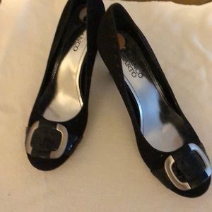 Black suede hi heels.